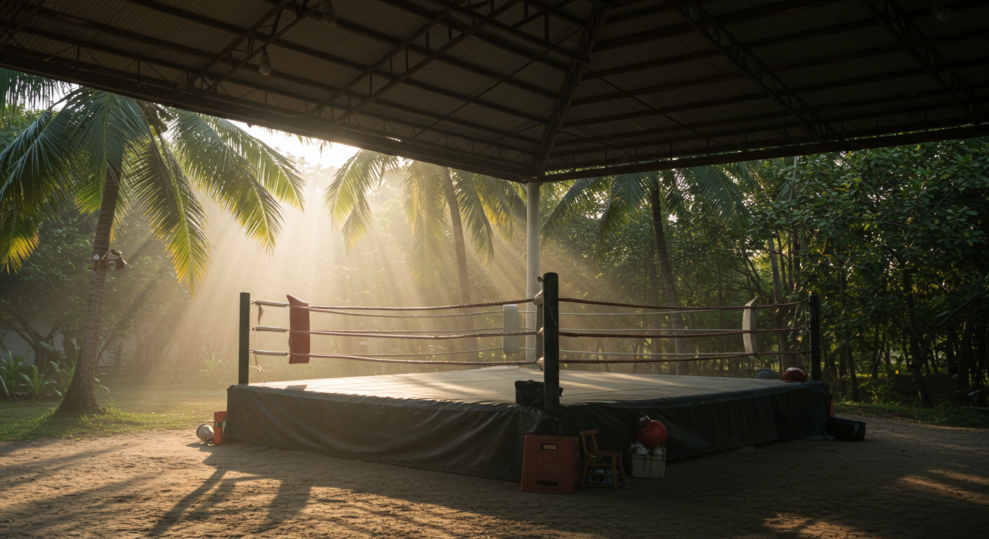 야자수 나무 아래, 열린 공간의 무에타이 체육관 전경