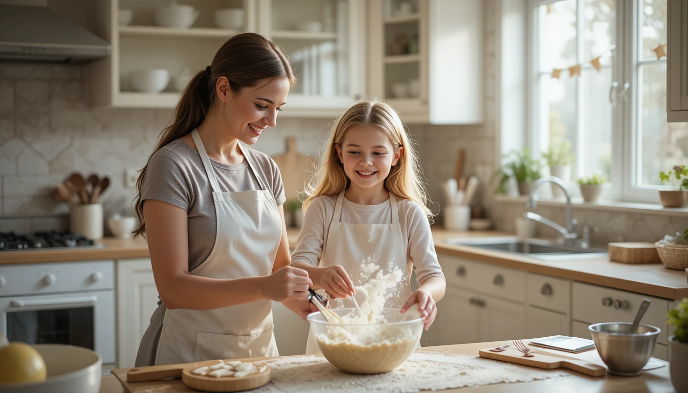 아이와 엄마가 함께 요리를 하며 즐거워하는 모습
