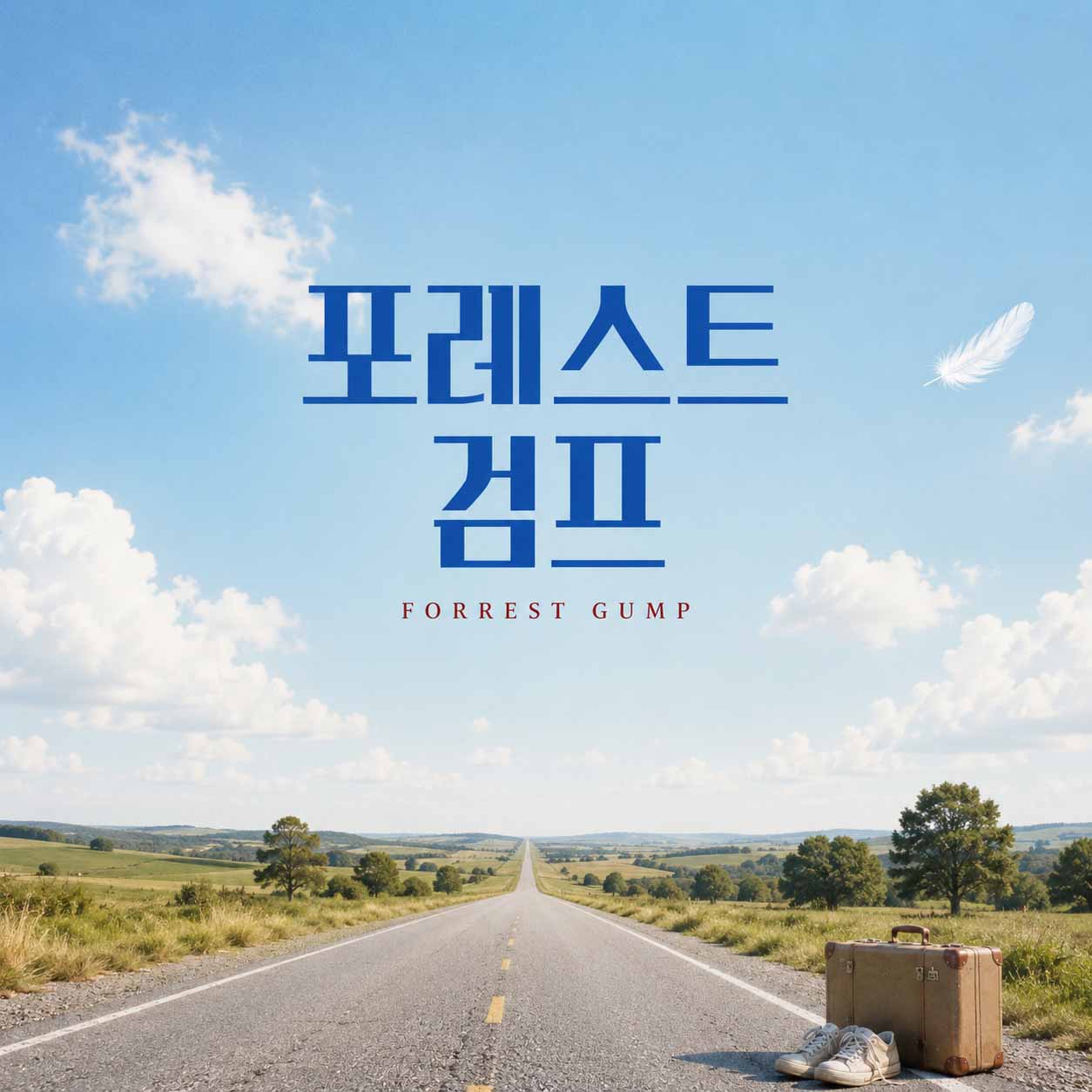 영화 포레스트 검프를 표현한 푸른 하늘과 끝없이 이어진 도로, 여행 가방과 흰 운동화, 하늘을 나는 깃털 이미지