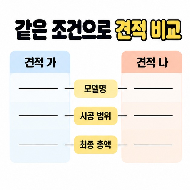 견적 가와 견적 나를 나란히 놓고 모델명과 시공 범위 및 최종 총액을 같은 기준으로 비교하는 도식