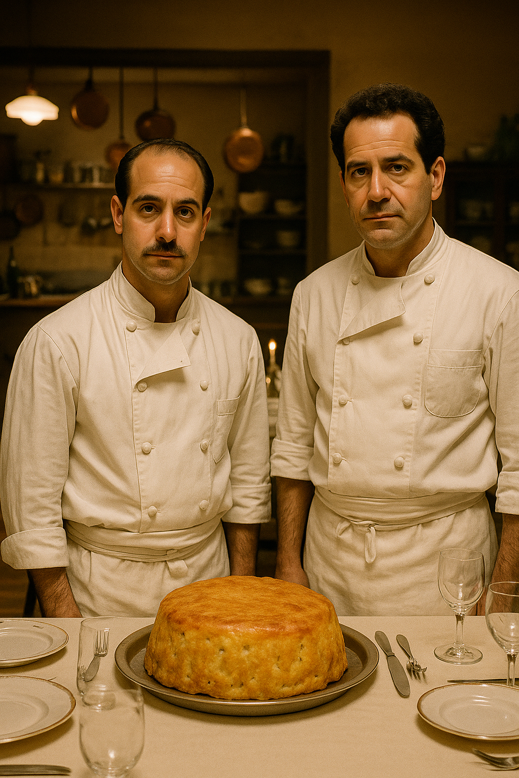 이탈리아 레스토랑의 긴 테이블 위에 진미 팀발로 요리가 놓여 있고, 두 형제가 셰프 복장을 한 채 진지한 얼굴로 서 있는 장면. 고풍스러운 주방과 따뜻한 조명이 함께 어우러진 모습.