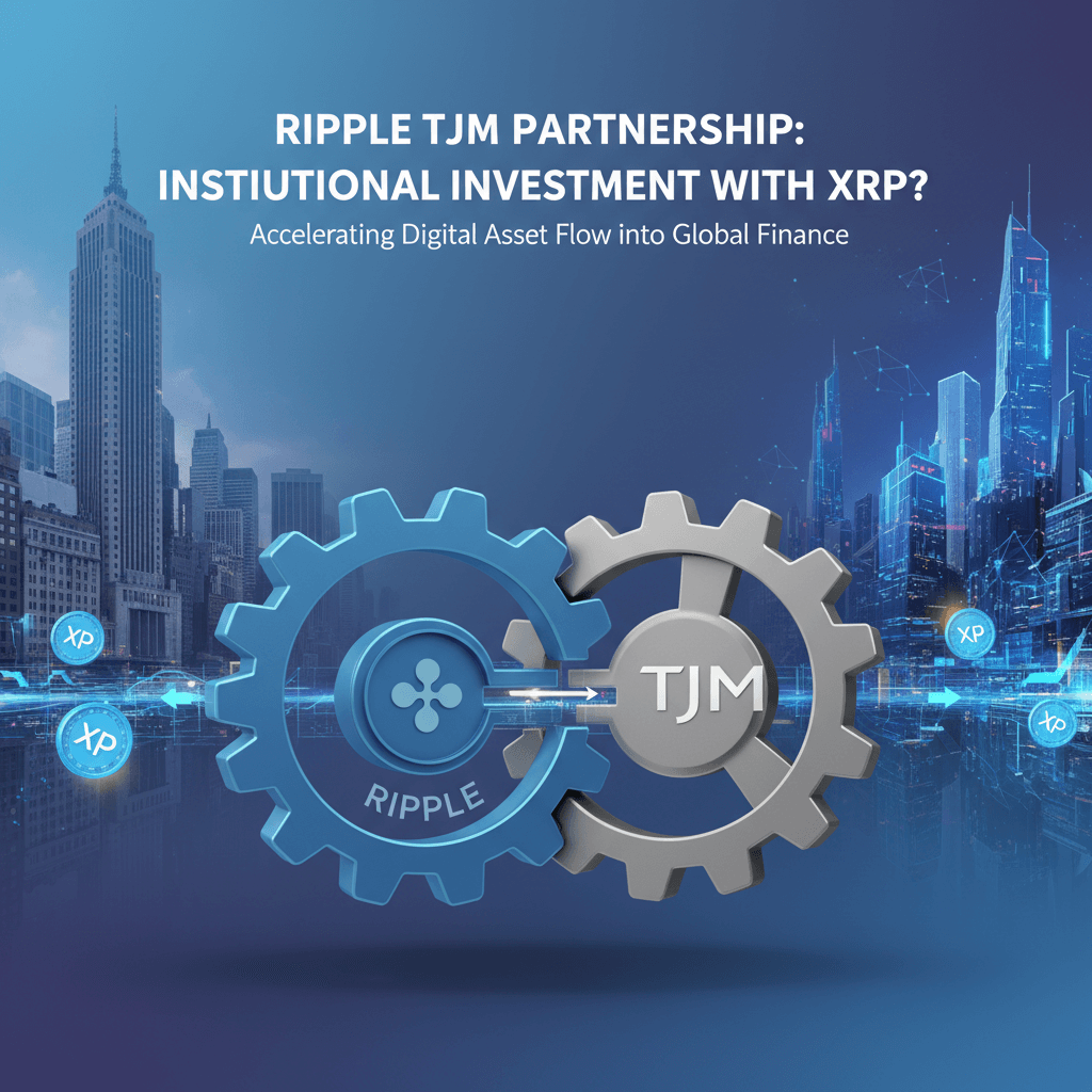 Ripple과 TJM 파트너십을 보여주는 이미지. XRP를 통한 기관 투자와 글로벌 금융으로의 디지털 자산 흐름을 상징하는 두 톱니바퀴와 도시 풍경