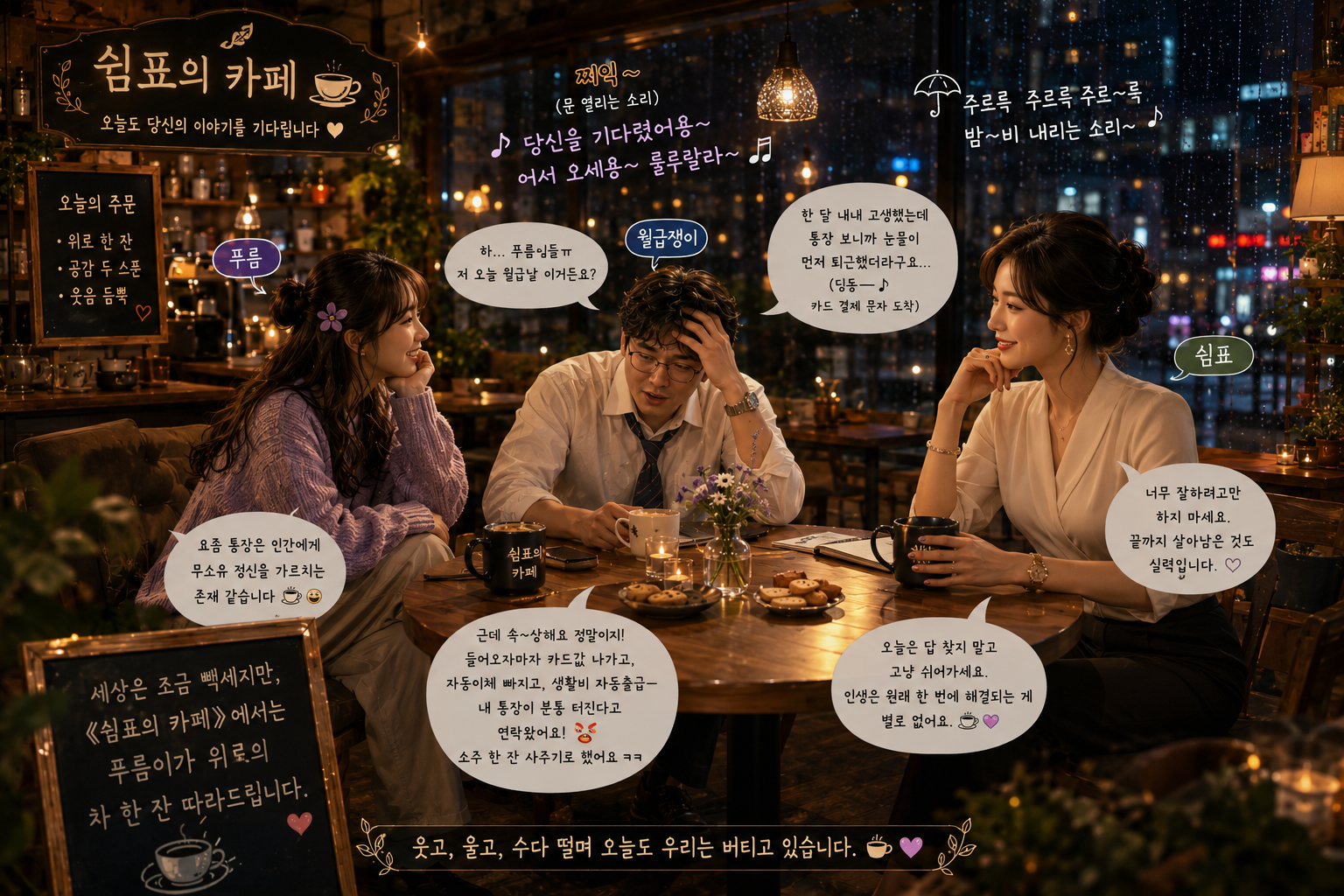 비 오는 밤, 따뜻한 조명이 흐르는 《쉼표의 카페》 안에서 푸름, 쉼표, 월급쟁이 손님이 둥근 원탁에 둘러앉아 커피를 마시며 웃픈 현실 이야기를 나누고 있는 감성 일러스트.