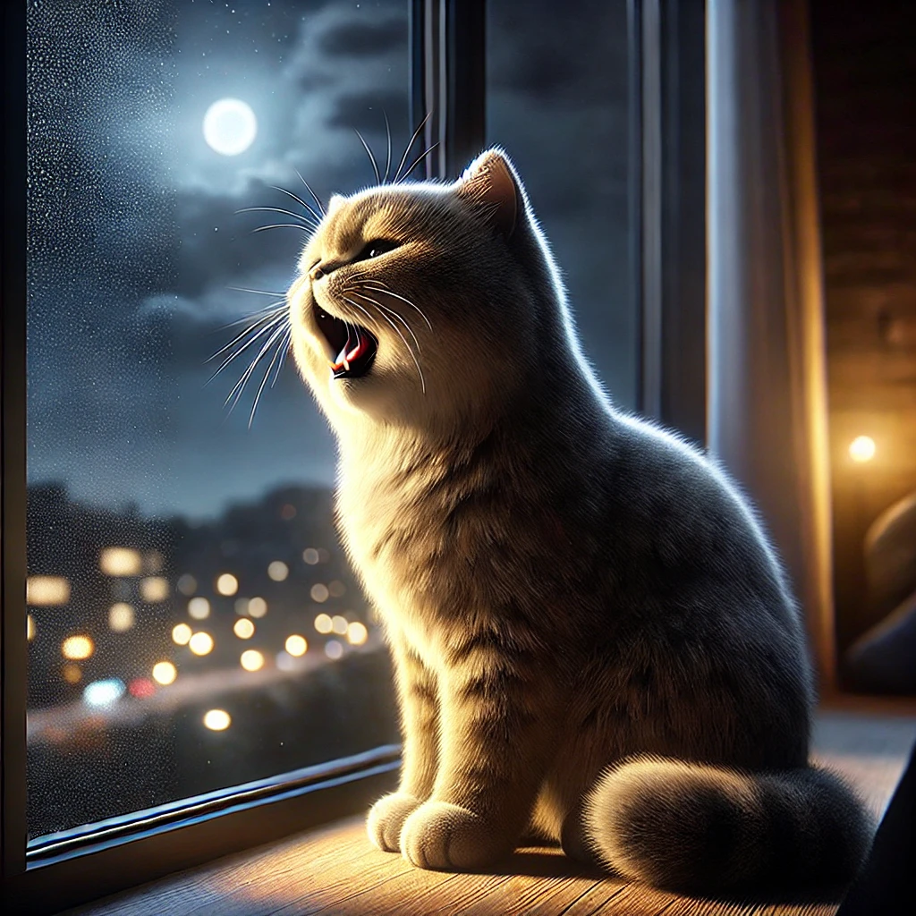 밤에 창가에서 울고 있는 고양이의 실사 이미지