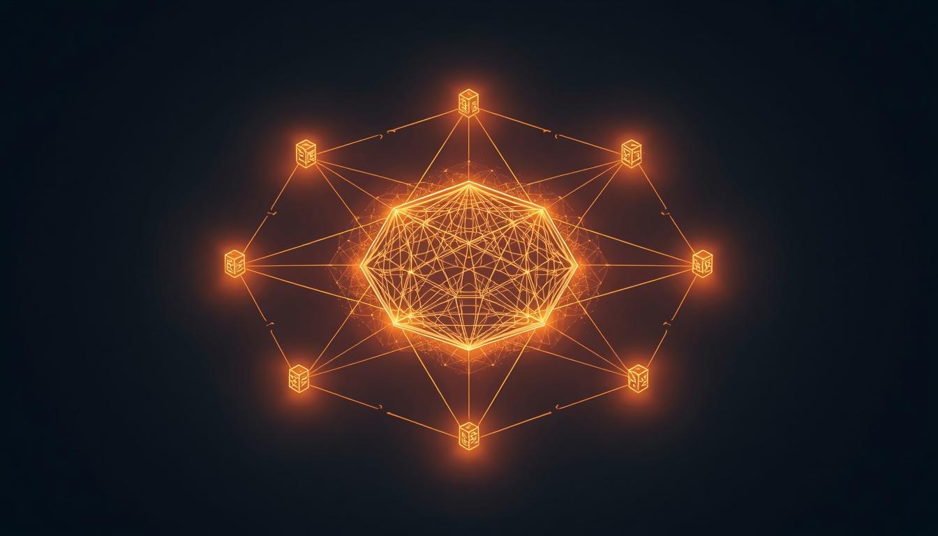 A glowing smart contract structure connecting floating digital wallets.