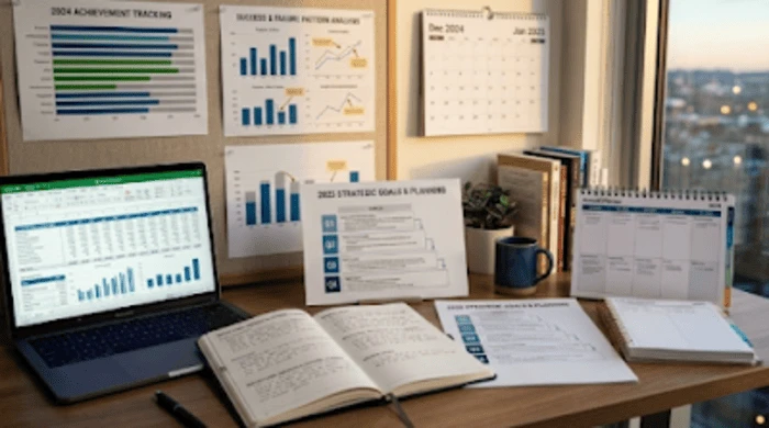 12개월 성취 그래프와 성공/실패 패턴 분석지가 붙은 벽면, 그리고 2025년 신년 목표가 적힌 열린 다이어리와 커피 한 잔