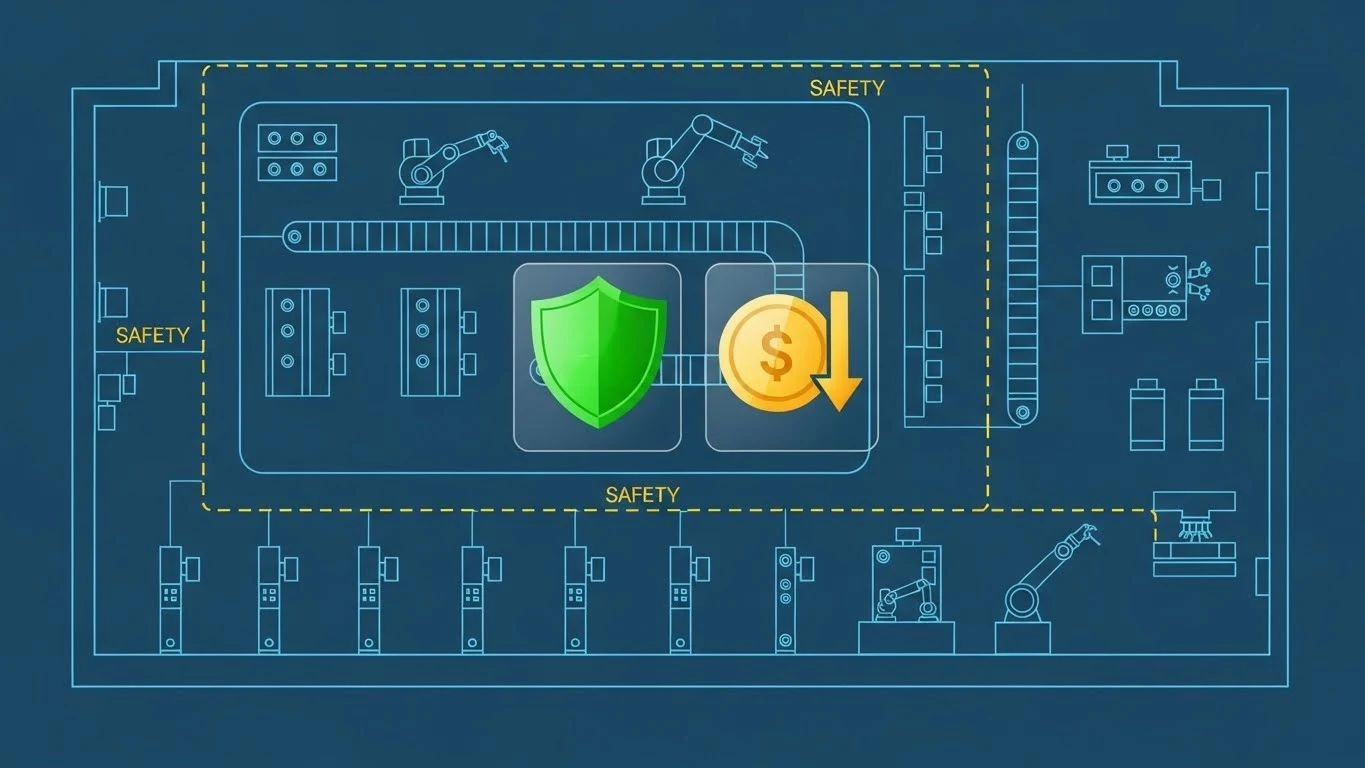 안전보건 관리체계 구축 비용 절감 전략을 상징하는 청사진 이미지. 공장 도면 위에 안전을 의미하는 방패 아이콘과 비용 절감을 나타내는 동전 아이콘이 표시되어 있음.