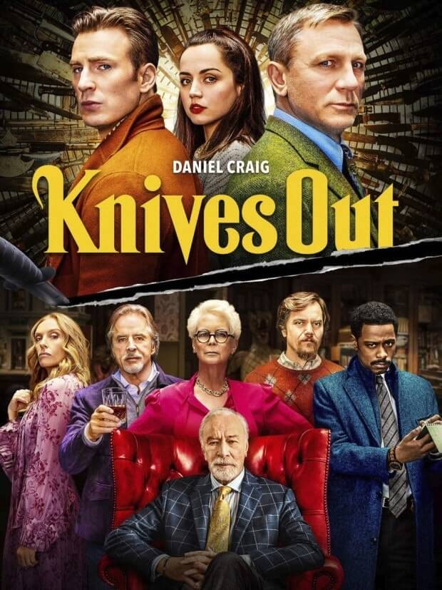 Knives Out : 위쪽은 탐정과 주요 인물 3인이 서로 다른 방향을 바라보고 있고, 아래쪽은 의자에 앉은 작가 중심으로 가족들이 수상한 표정으로 둘러섬.