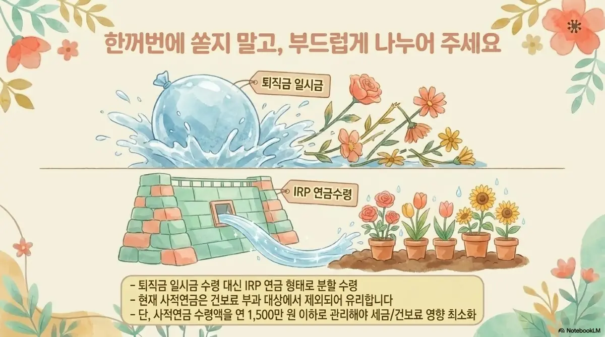 건강보험료 줄이는 방법: 퇴직금을 일시금으로 받지 않고 IRP 연금 형태로 분할 수령하면 건강보험료를 절감할 수 있다는 전략을 물풍선과 벽돌담 일러스트로 설명하는 이미지. 사적연금은 현재 건보료 부과 대상에서 제외되며 사적연금 수령액을 연 1,500만 원 이하로 관리해야 세금과 건보료 영향을 최소화할 수 있다는 내용이 포함되어 있다.