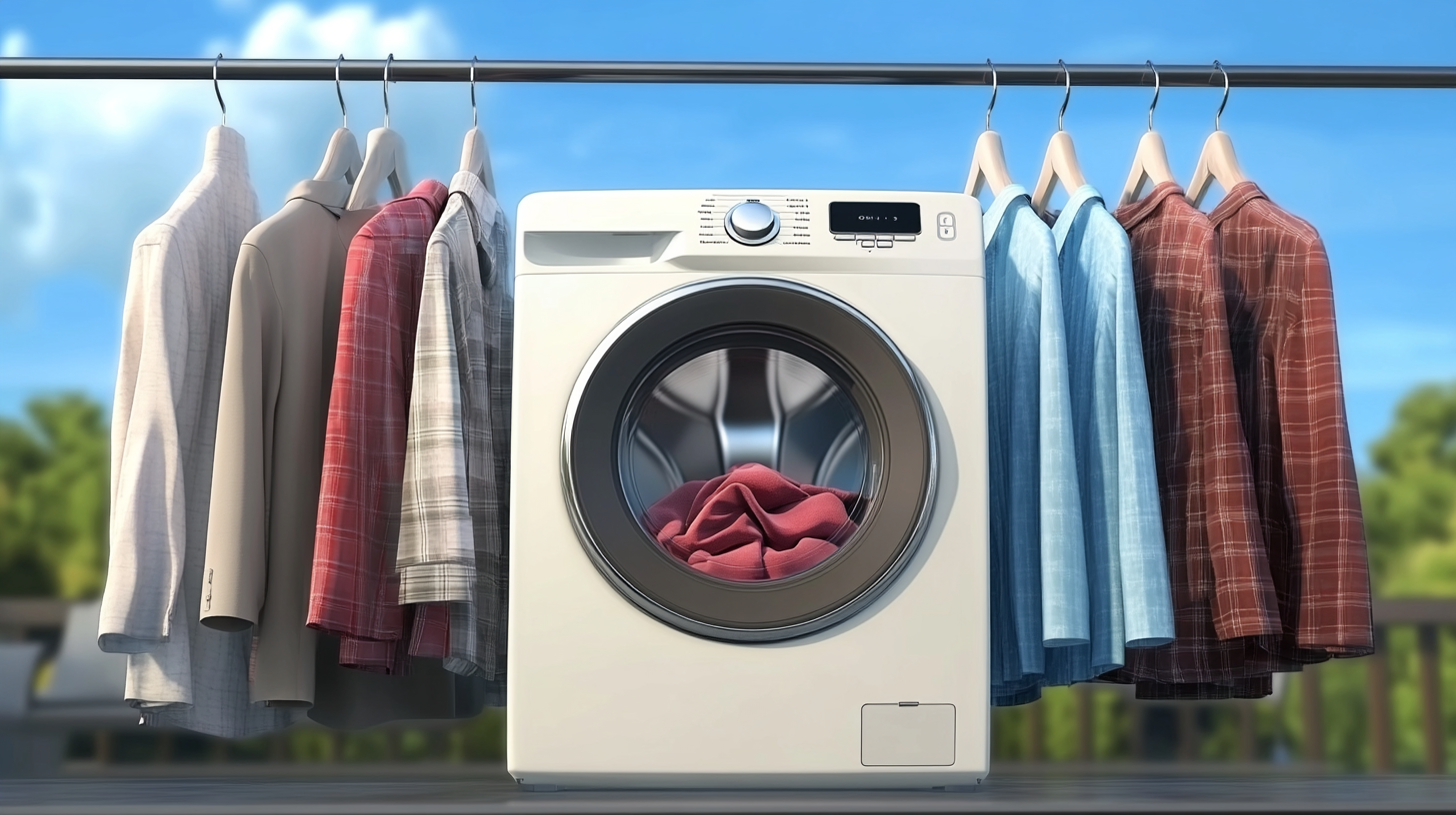 삼성 세탁기가 복잡한 얼룩을 제거하며, 다양한 컬러의 고급 직물 의류가 세척되는 장면, 주름 없이 걸려 있는 고급스러운 패션 옷