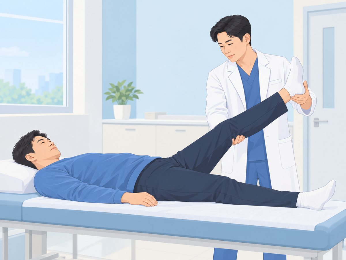 진료대에 누운 환자의 다리를 펴서 들어 올리며 허리디스크 신경 증상을 진찰하는 의사