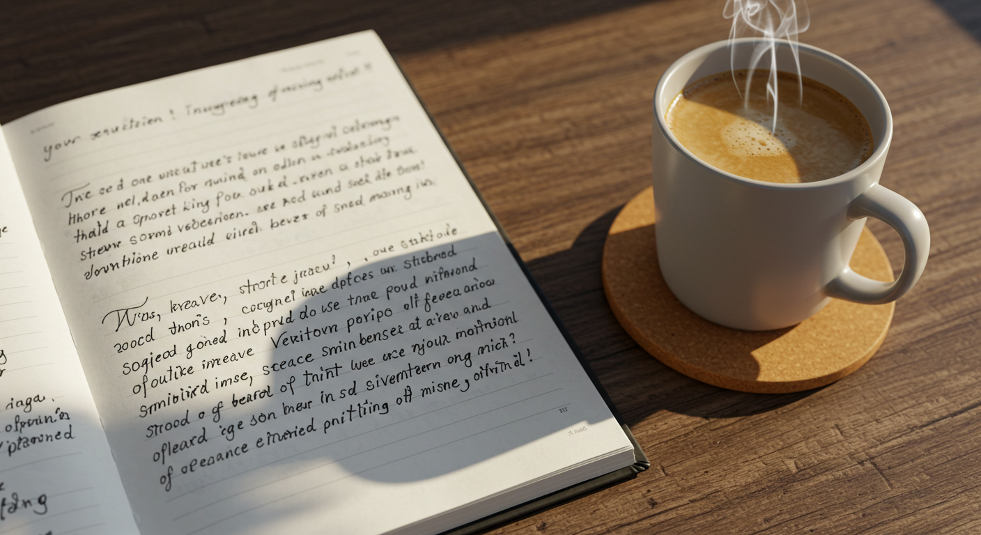 투자 감정을 기록한 일기와 커피잔