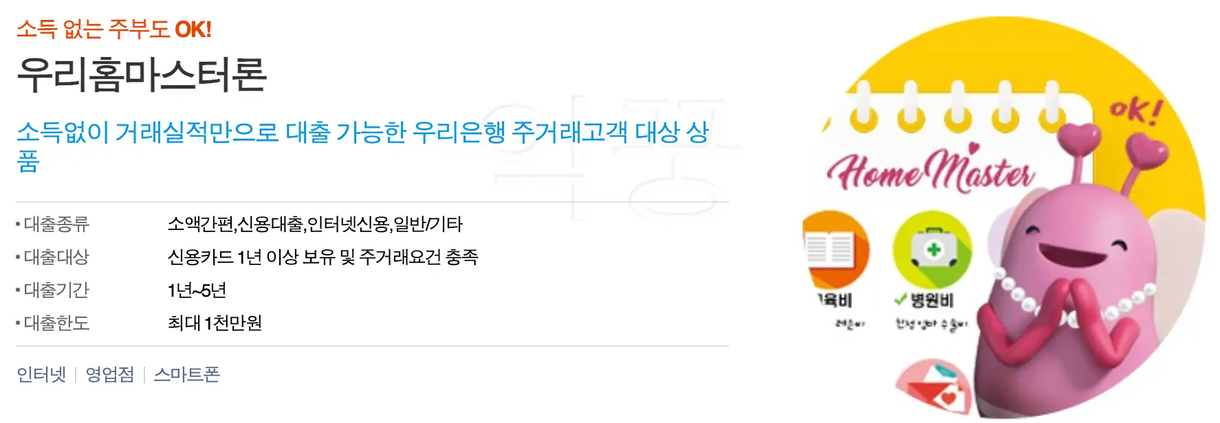 우리은행 홈마스터론 제1금융권 주부 무직자 대출조건 및 금리 후기1