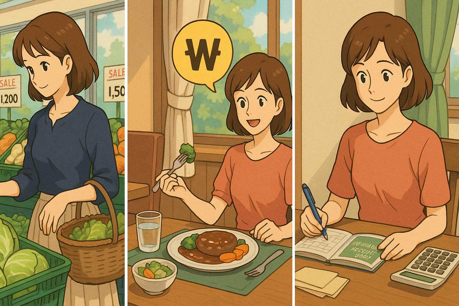 마트에서 장보고, 식사하며, 가계부 쓰는 주부의 일상을 그린 지브리풍 3컷 일러스트