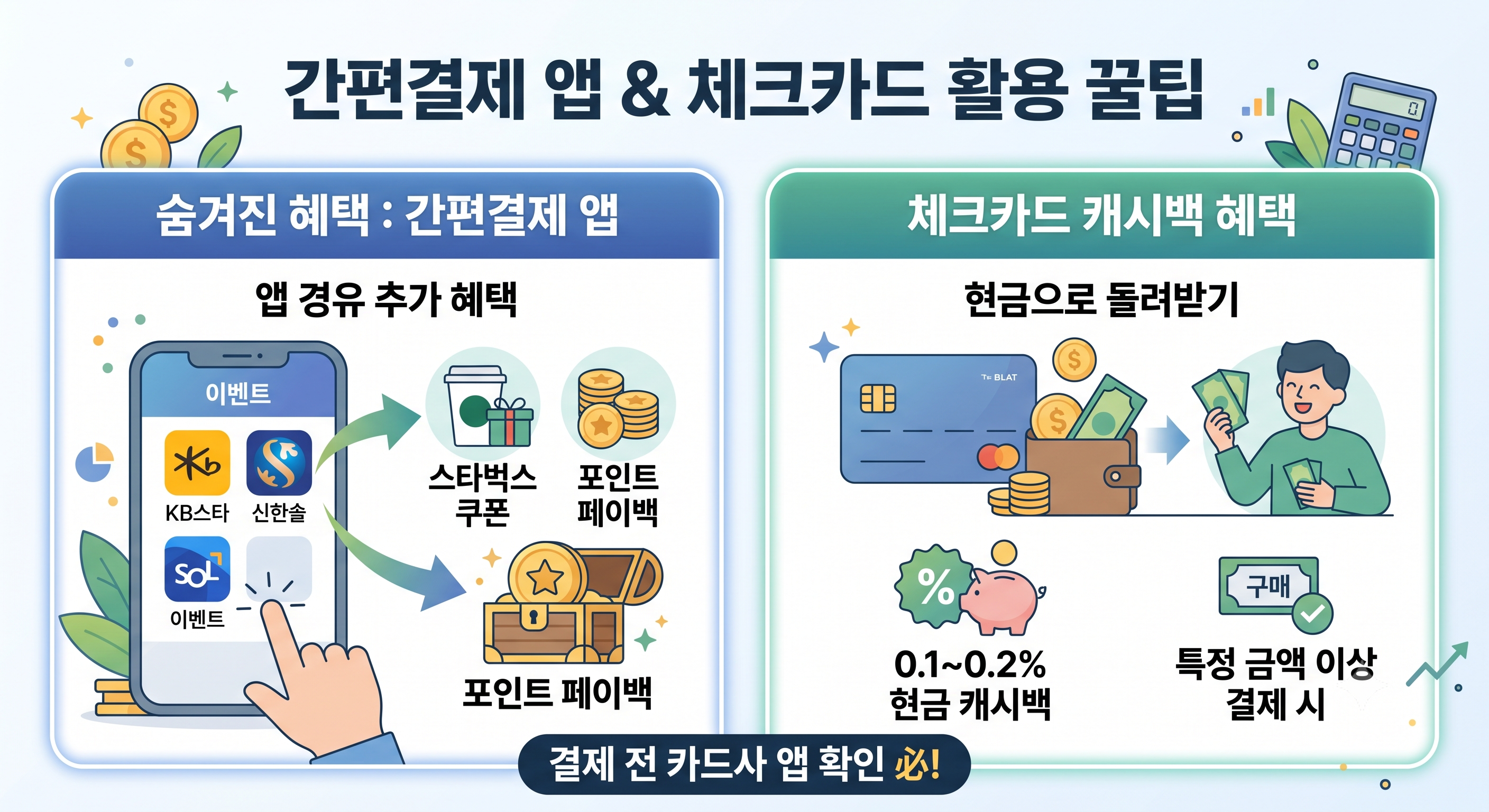 간편결제 앱 경유 시 받을 수 있는 쿠폰 및 포인트 혜택과 체크카드 결제 시 적용되는 0.1~0.2% 현금 캐시백 혜택을 설명하는 이미지입니다.