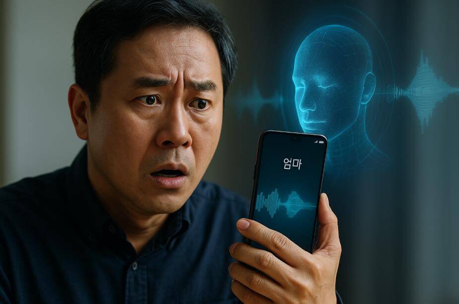 스마트폰 전화를 받고 놀란 중년 남성과 AI 조작 장면