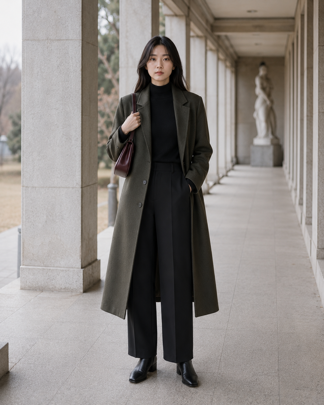 롱코트｜검정 이너 칼럼 만들기에서 옷의 길이와 실루엣이 신체 비율에 미치는 포인트를 보여주는 이미지입니다.