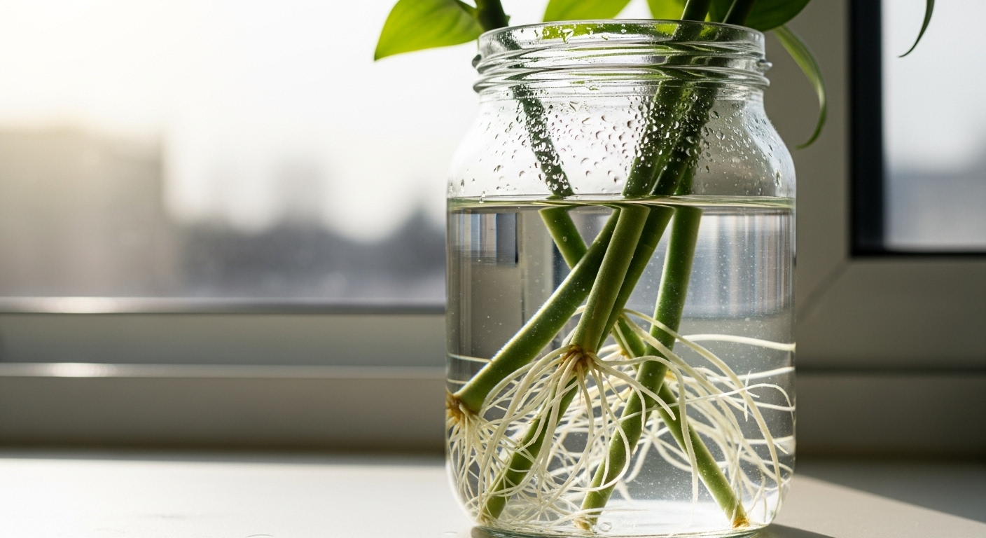 유리병에 담겨 물속에서 하얀 뿌리가 무성하게 자란 만년청 물꽂이 삽수들.