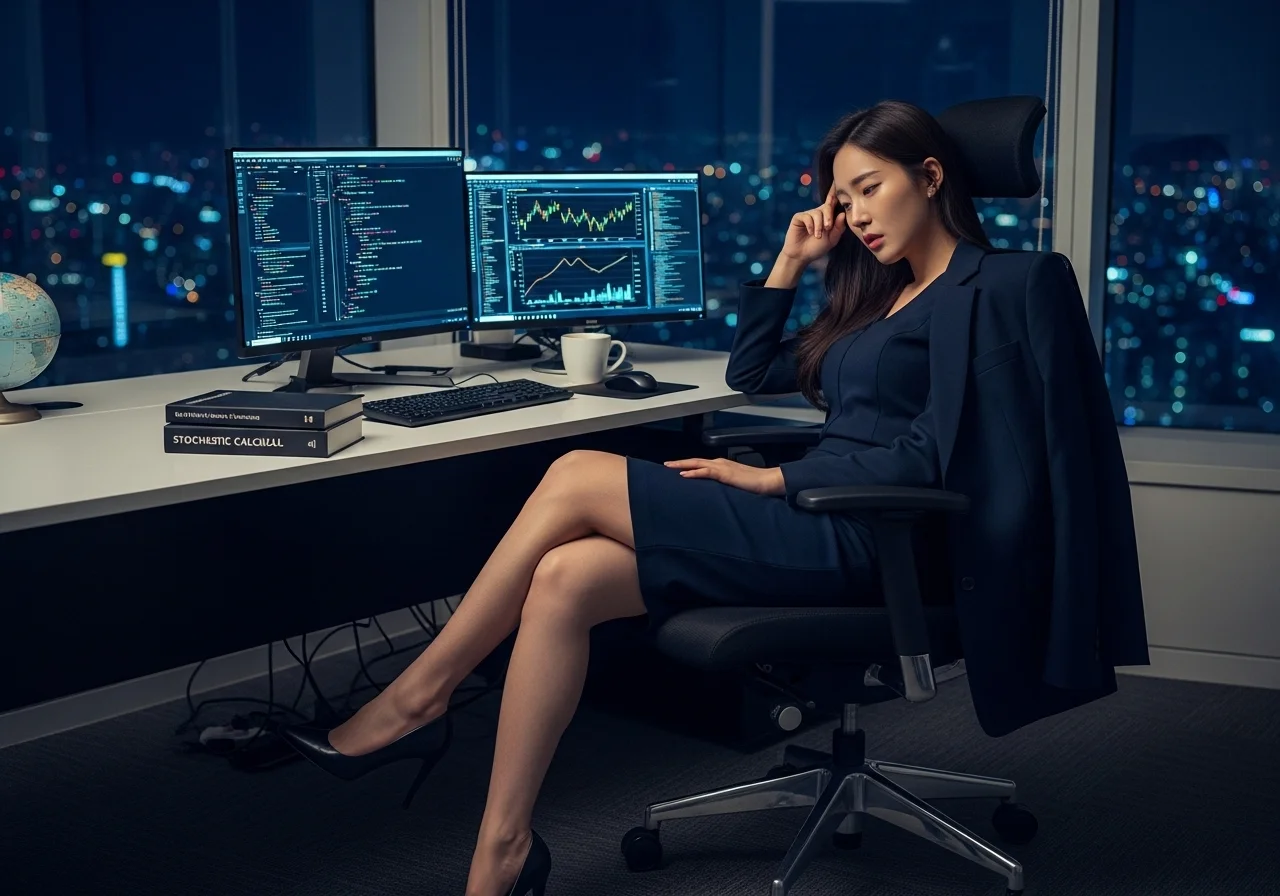 서울 여의도의 야경이 보이는 고층 오피스에서, 정장 스커트 차림의 젊은 한국인 여성이 늦은 밤까지 모니터의 복잡한 데이터를 분석하며 깊은 생각에 잠겨 있다