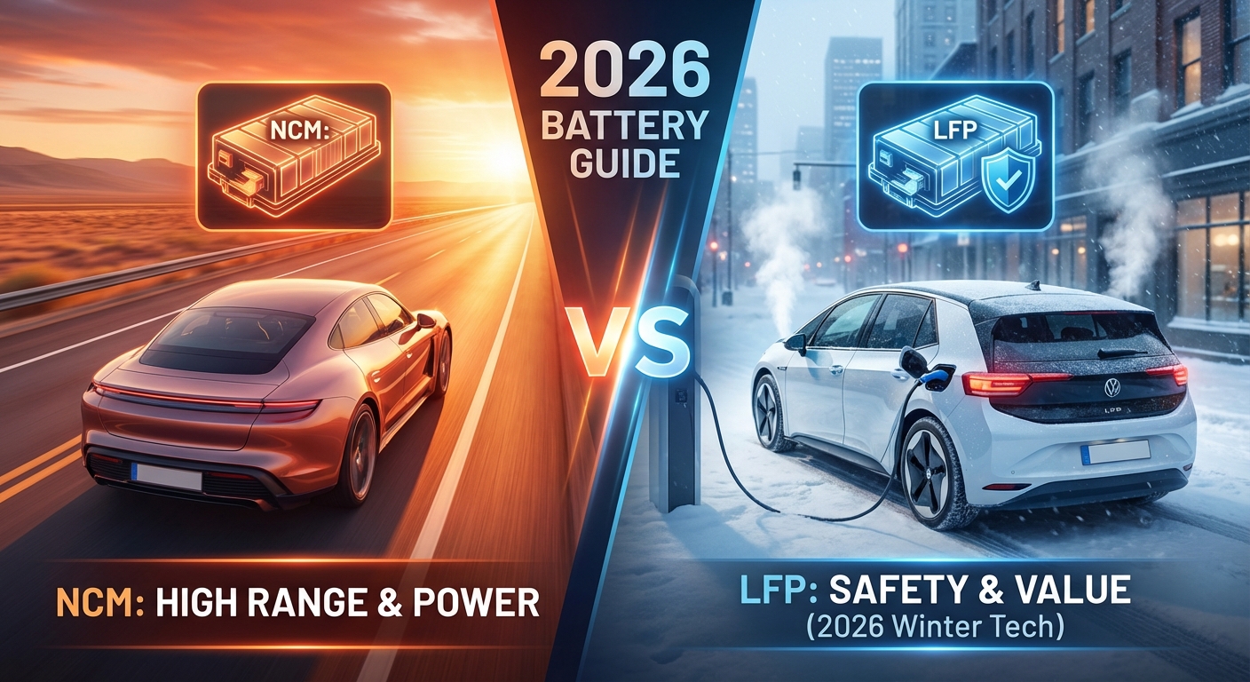 NCM 배터리(고출력, 장거리)와 LFP 배터리(안전성, 겨울철 기술)의 특성을 비교한 2026년 전기차 배터리 가이드 인포그래픽