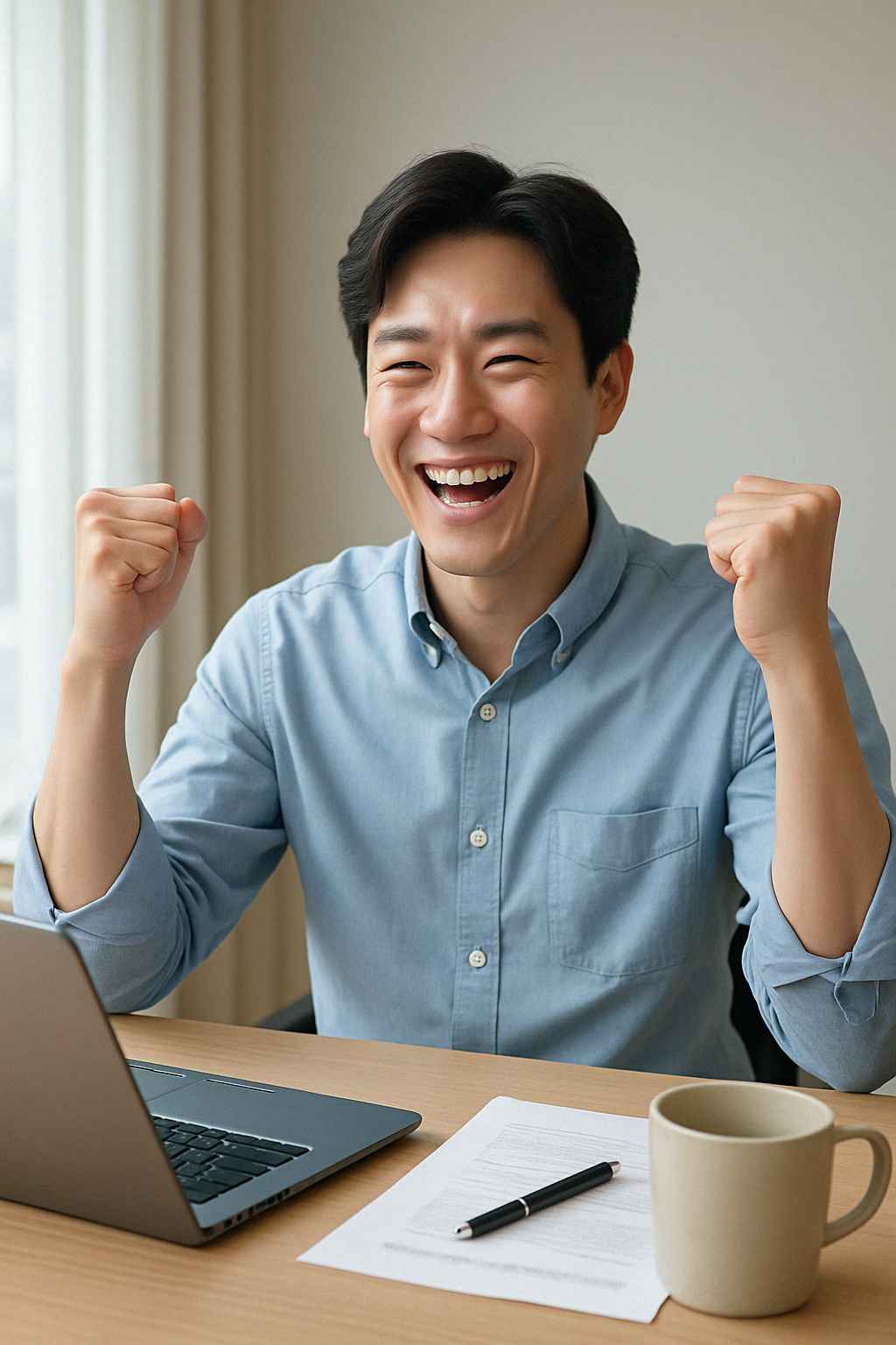 종합소득세 환급을 받고 기뻐하는 프리랜서 남성