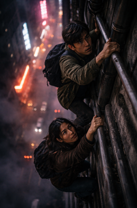 밤의 건물 외벽에 매달린 두 사람이 간판 불빛 사이로 이동하는 긴박한 장면