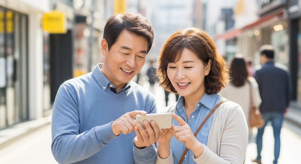 카드 앱으로 검색 중인 중년 부부