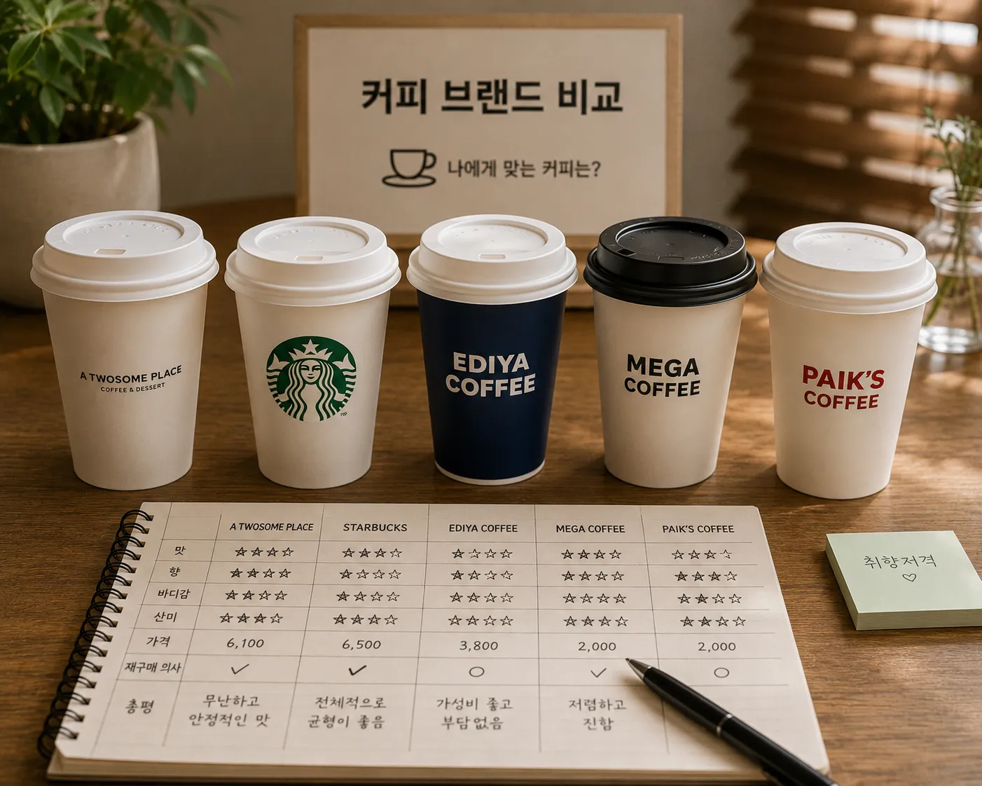 다양한 커피 브랜드를 비교하는 장면