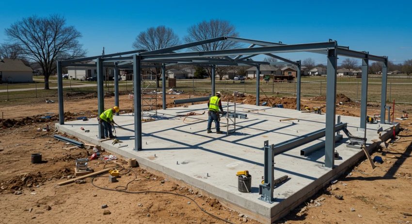 경량철골 구조로 건축 중인 시공 현장