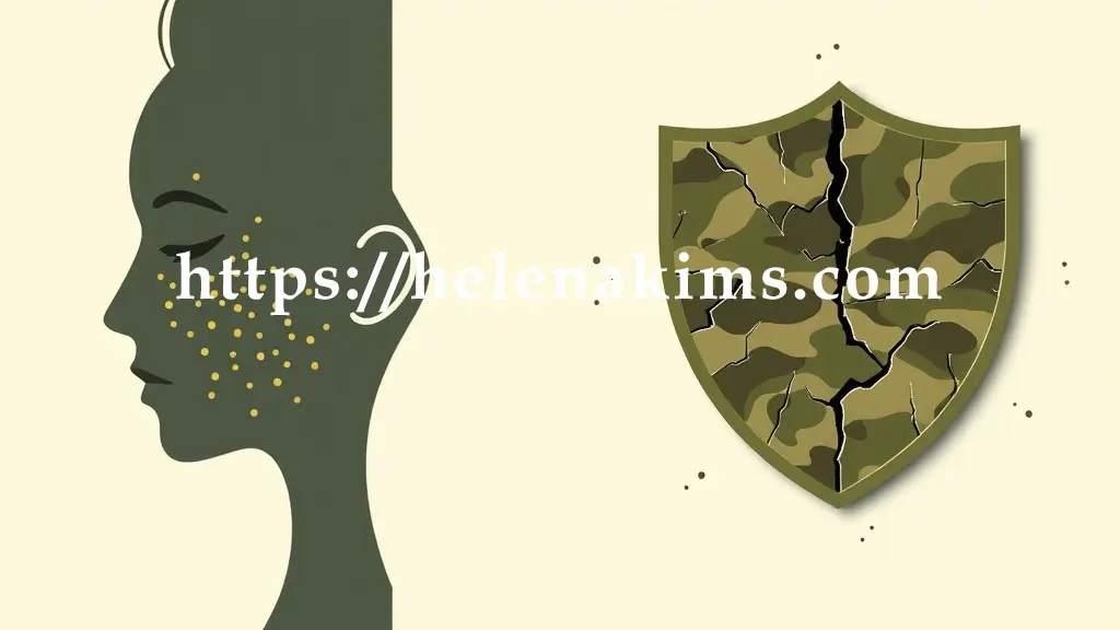 여성의 얼굴 실루엣, 그리고 방패 형태가 나란히 놓여 있다. 여성 얼굴 실루엣 위에는 여드름과 칙칙한 피부 톤을 상징하는 작은 점들과 흐린 색감이, 방패 형태는 일부가 금이 가거나 깨져 면역력 저하를 시사한다. 이 모든 요소들이 탁한 노폐물 입자들에 의해 부분적으로 오염된 듯한 효과로 연결되어 노폐물로 인한 다양한 건강 문제를 시각적으로 보여 주는 이미지.