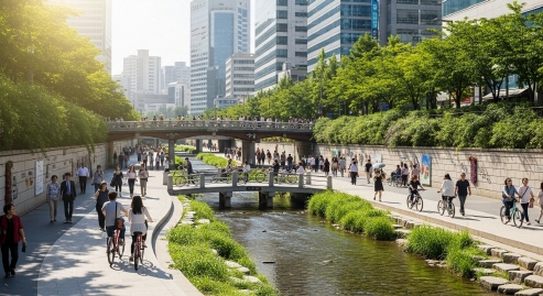 청계천을 따라 산책하는 모습