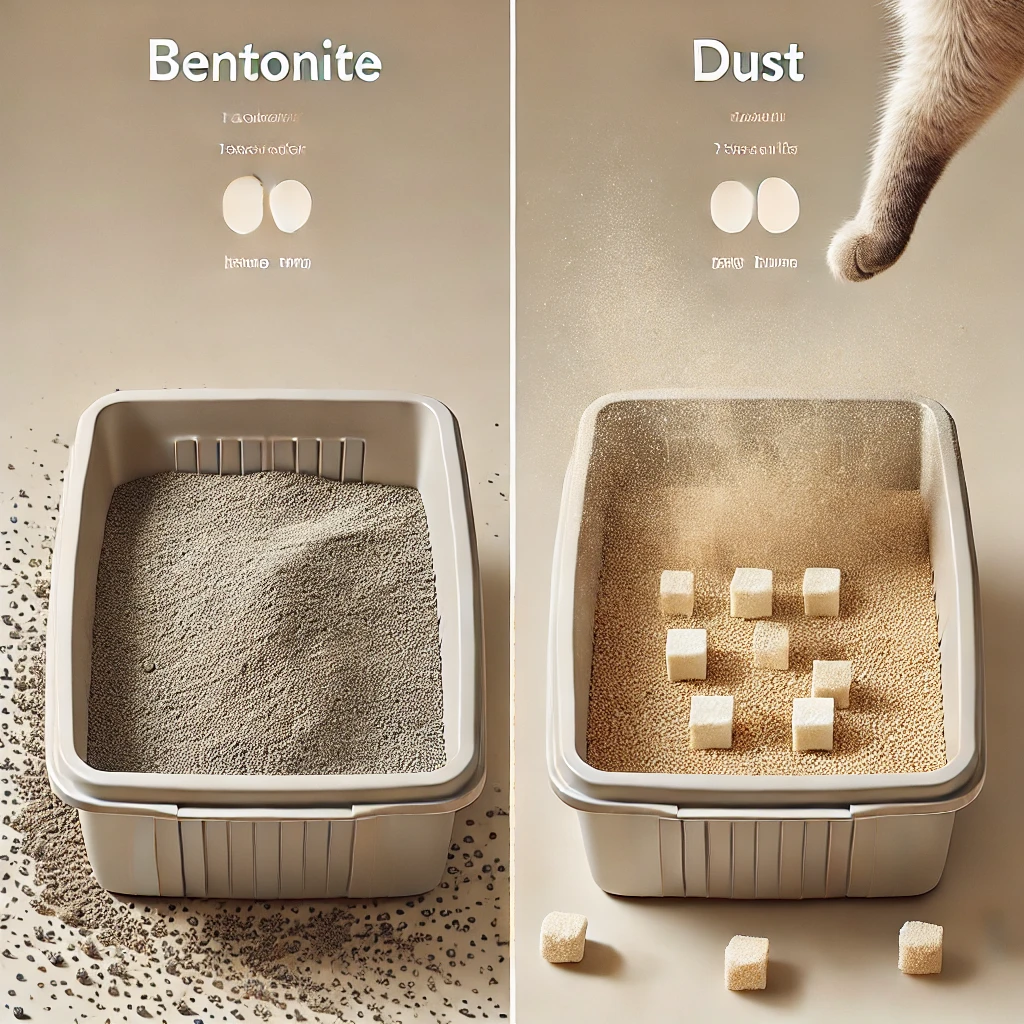 벤토나이트 모래는 주변에 미세먼지가 보이며, 두부 모래는 상대적으로 먼지가 적은 모습