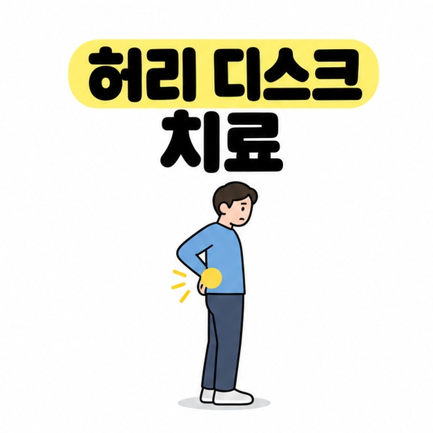 허리 디스크 치료 제목 아래 허리에 손을 대고 허리 위치를 노란색으로 표시한 사람의 대표 이미지