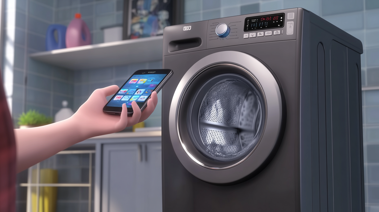고급 기술이 적용된 스마트홈에서 사용자가 스마트폰을 통해 IoT 기술로 삼성 WF2422HDEEH 세탁기를 원격으로 제어하는 장면