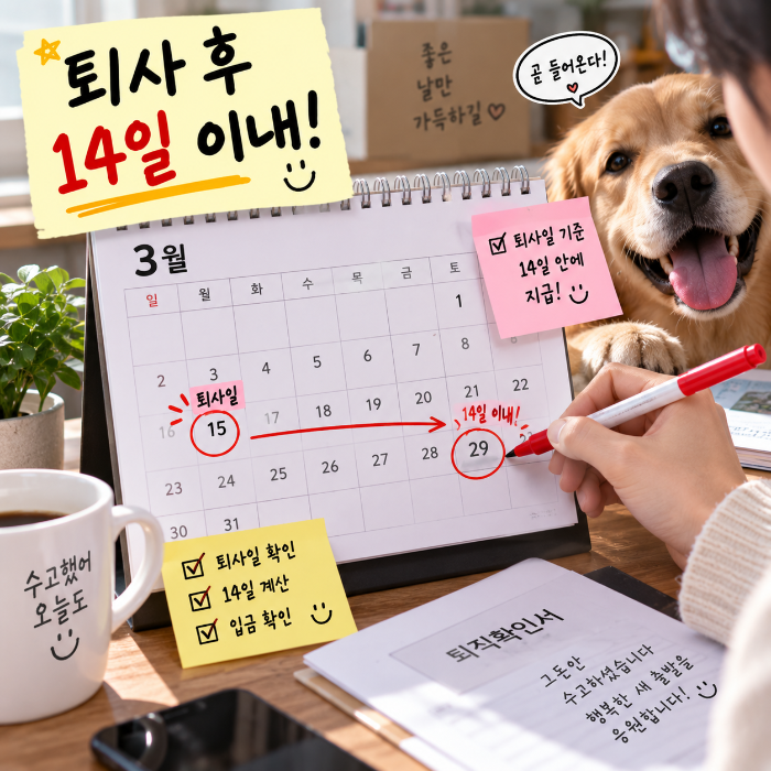 퇴직금 14일 계산을 위해 실제 퇴사일부터 법정 퇴직금 지급기한까지 달력으로 날짜를 확인하는 이미지