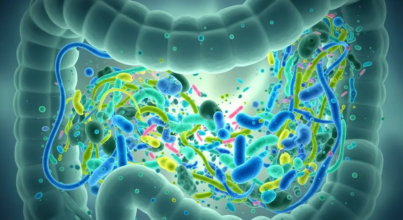 다양한 유익균들이 활발하게 활동하는 건강한 장 환경을 묘사한 프로바이오틱스 이미지