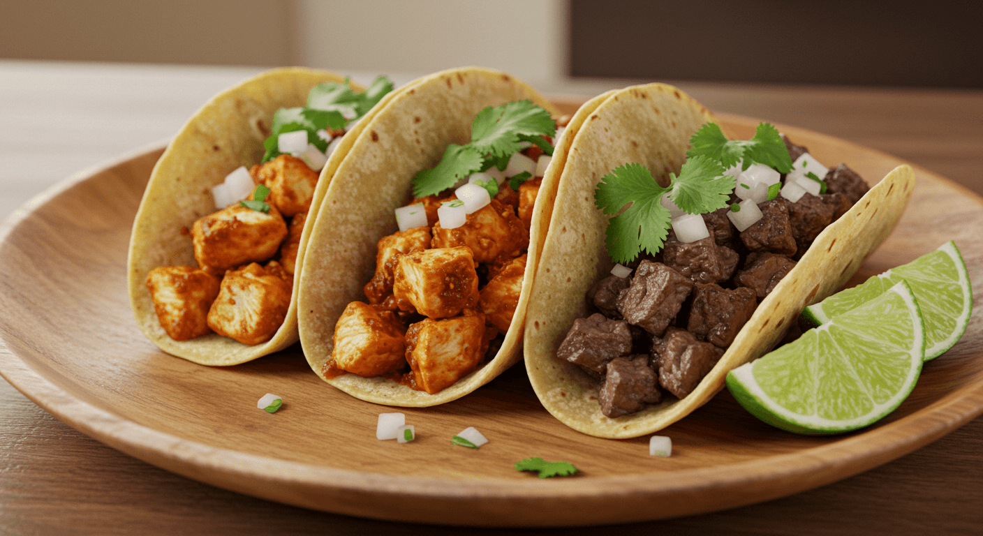 다양한 고기와 채소로 채워진 치폴레 타코 3개가 나무 접시에 담긴 모습 
