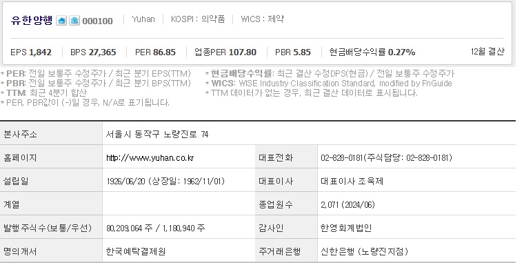 유한양행 주가 기업개요 (1022)