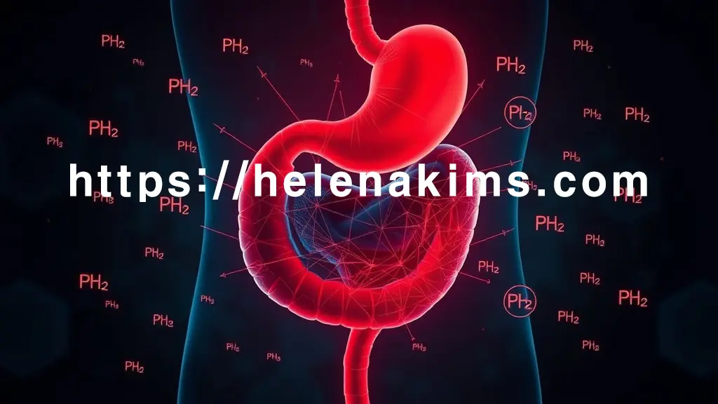 위산을 과도하게 분출하며 불안정하게 진동하는 모습. 이 위에서 뿜어져 나오는 위산 흐름이 뒤쪽 췌장을 향해 간접적으로 영향을 미치는 연결고리를 형성. 췌장은 부담을 느끼는 듯 푸른색으로 어둡게 표현. 소화 불균형을 상징하는 엇갈린 pH 아이콘들이 위와 췌장 주변에 부유하는 모습.