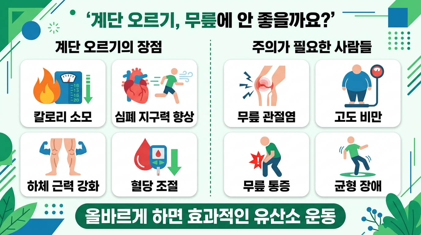 계단 오르기 운동의 효과와 무릎 부담 주의사항을 설명하는 건강 인포그래픽
