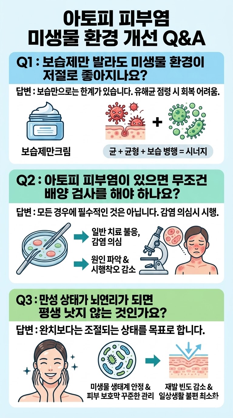 아토피 피부염에서 미생물 환경 관리와 배양 검사 필요성 Q&A 인포그래픽