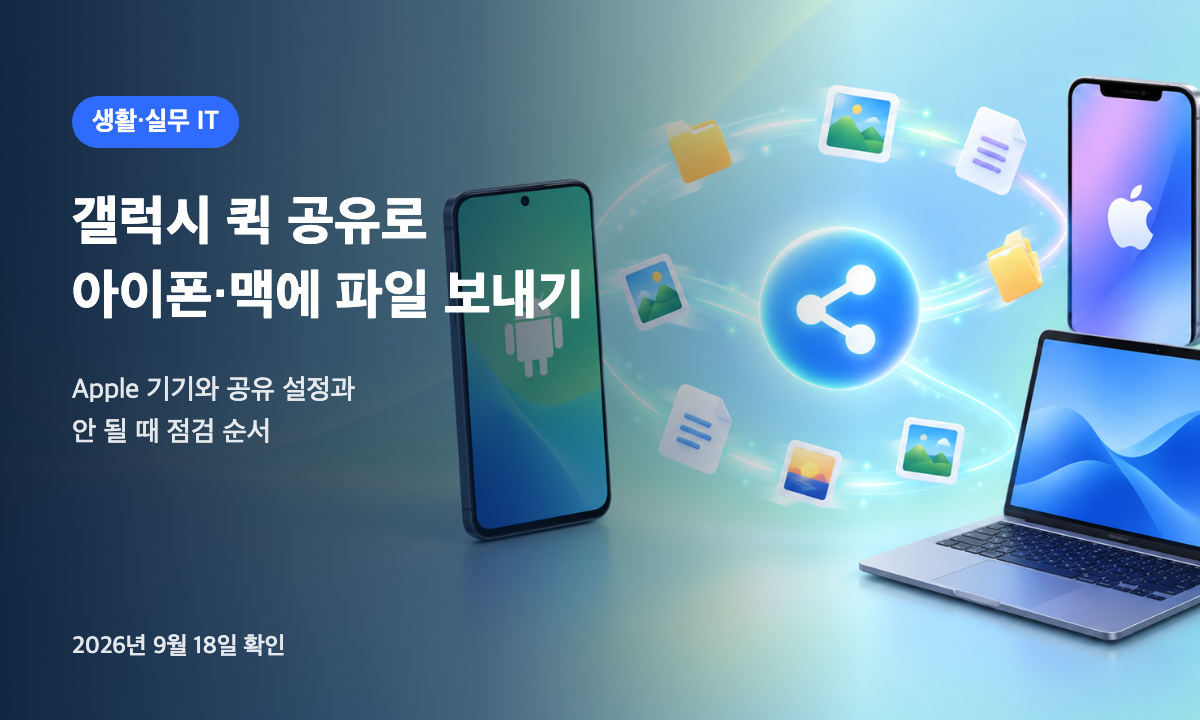 갤럭시 스마트폰과 아이폰, 맥북 사이로 사진과 파일이 전송되는 퀵 공유 개념 일러스트