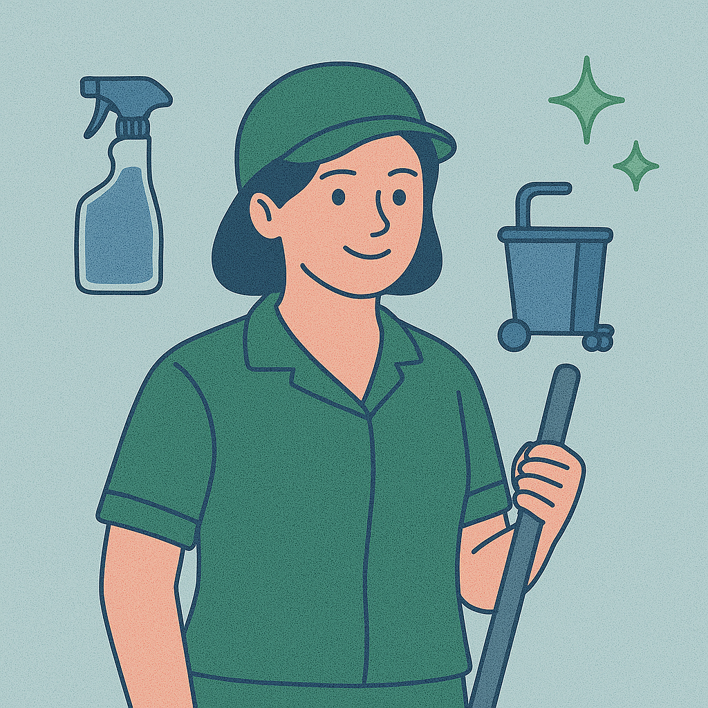 녹색 유니폼과 모자를 착용한 여성 청소관리사가 걸레자루를 들고 미소 짓고 있으며, 주변에 분무기, 청소카트, 반짝이는 청결 아이콘이 함께 있는 건물 위생관리사 관련 일러스트