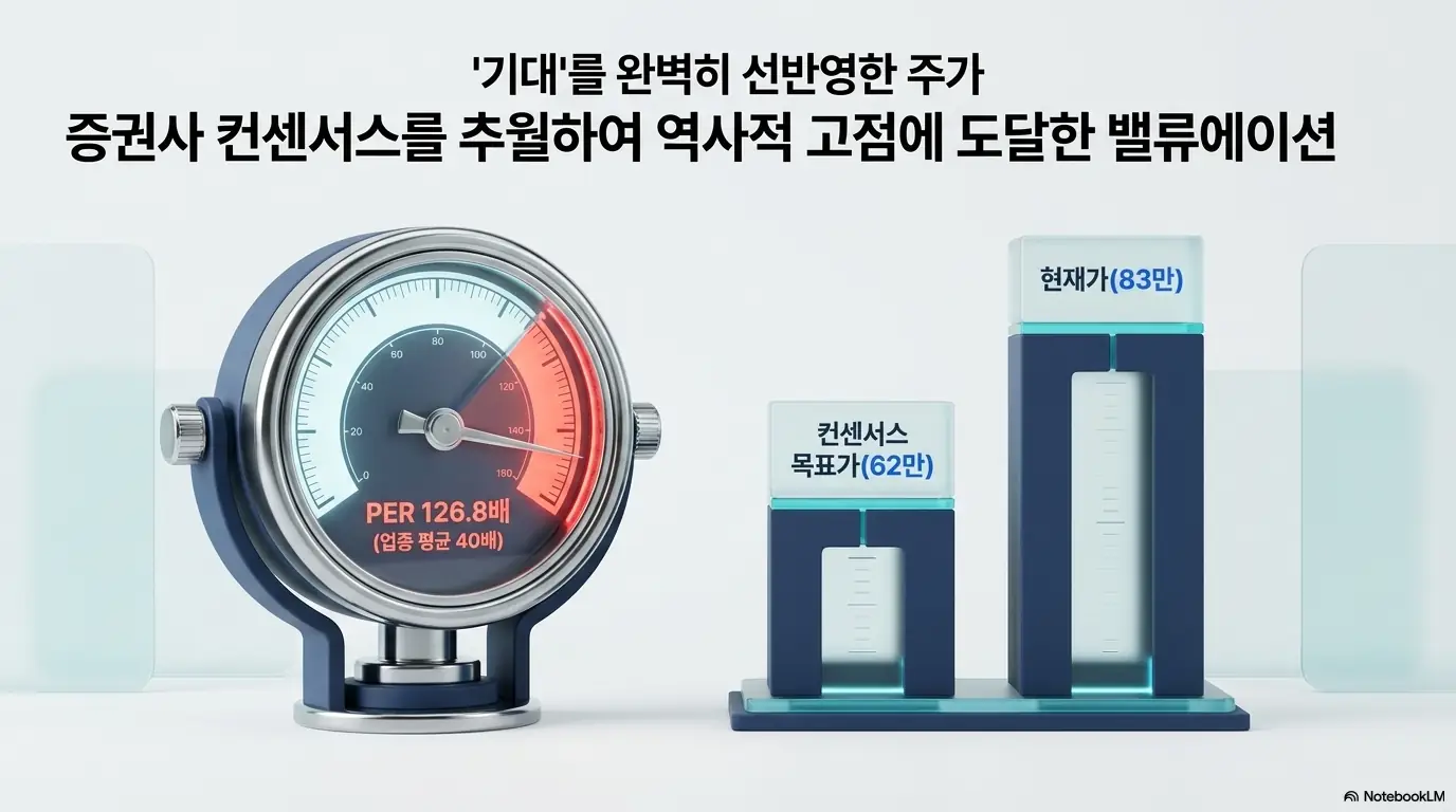 현대오토에버 주가: 현대오토에버 PER이 업종 평균 40배를 크게 웃도는 126.8배에 달하고 현재가 83만 원이 컨센서스 목표가 62만 원을 추월해 역사적 고점에 도달한 밸류에이션을 표현한 이미지. 블로그의 현대오토에버 목표주가 및 밸류에이션과 관련된 내용을 설명함.