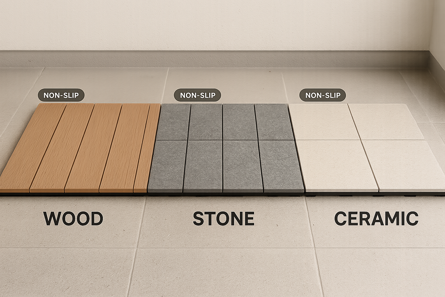 논슬립 데크 타일 3종(우드·스톤·세라믹) 매크로; 미세 텍스처와 물방울 반사로 방수·미끄럼 방지 특성 강조