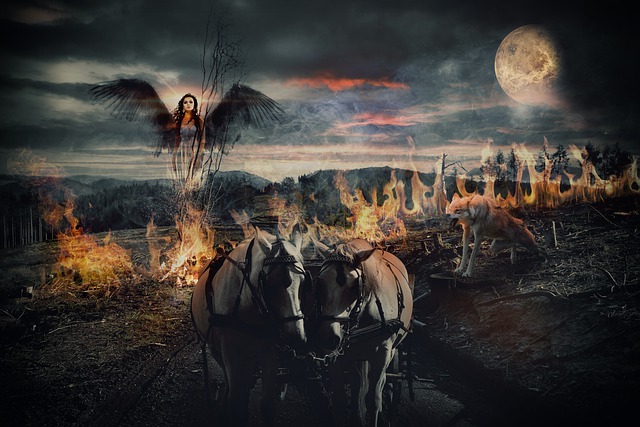 여전사가 불길을 가르며 복수를 하기 위해 가는 그림