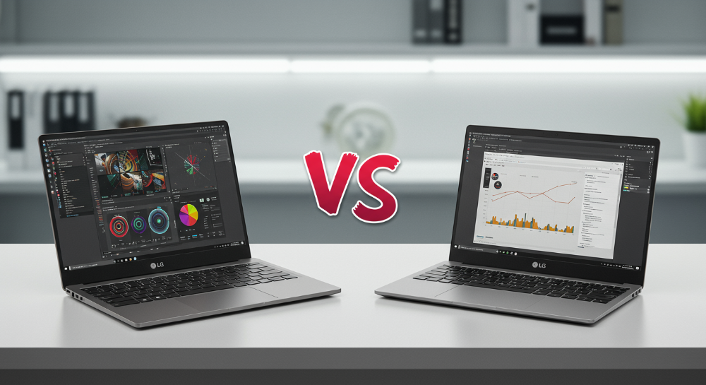 2025년형 17인치와 15.6인치 노트북이 나란히 놓여 크기, 휴대성, 성능 차이를 시각적으로 비교하는 모습.