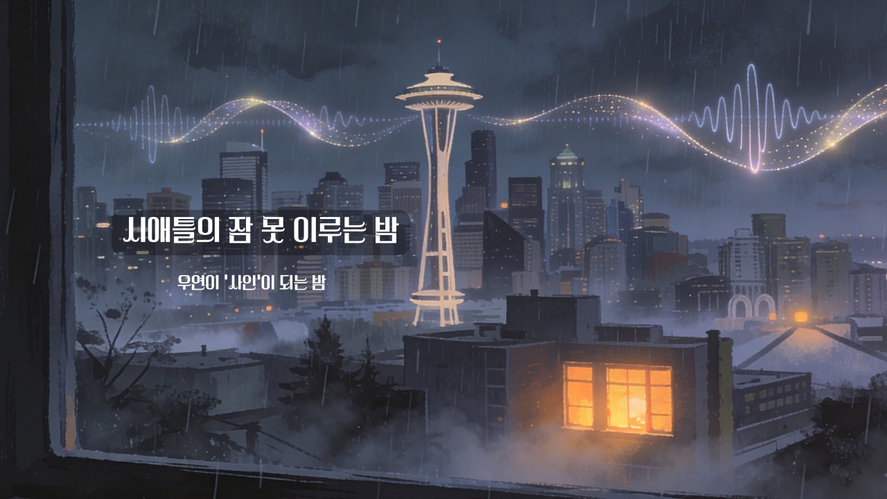 시애틀의 잠 못 이루는 밤(1993)리뷰 썸네일, 비 내리는 밤의 시애틀 야경과 스페이스 니들, 라디오 주파수 라인이 겹쳐진 일러스트