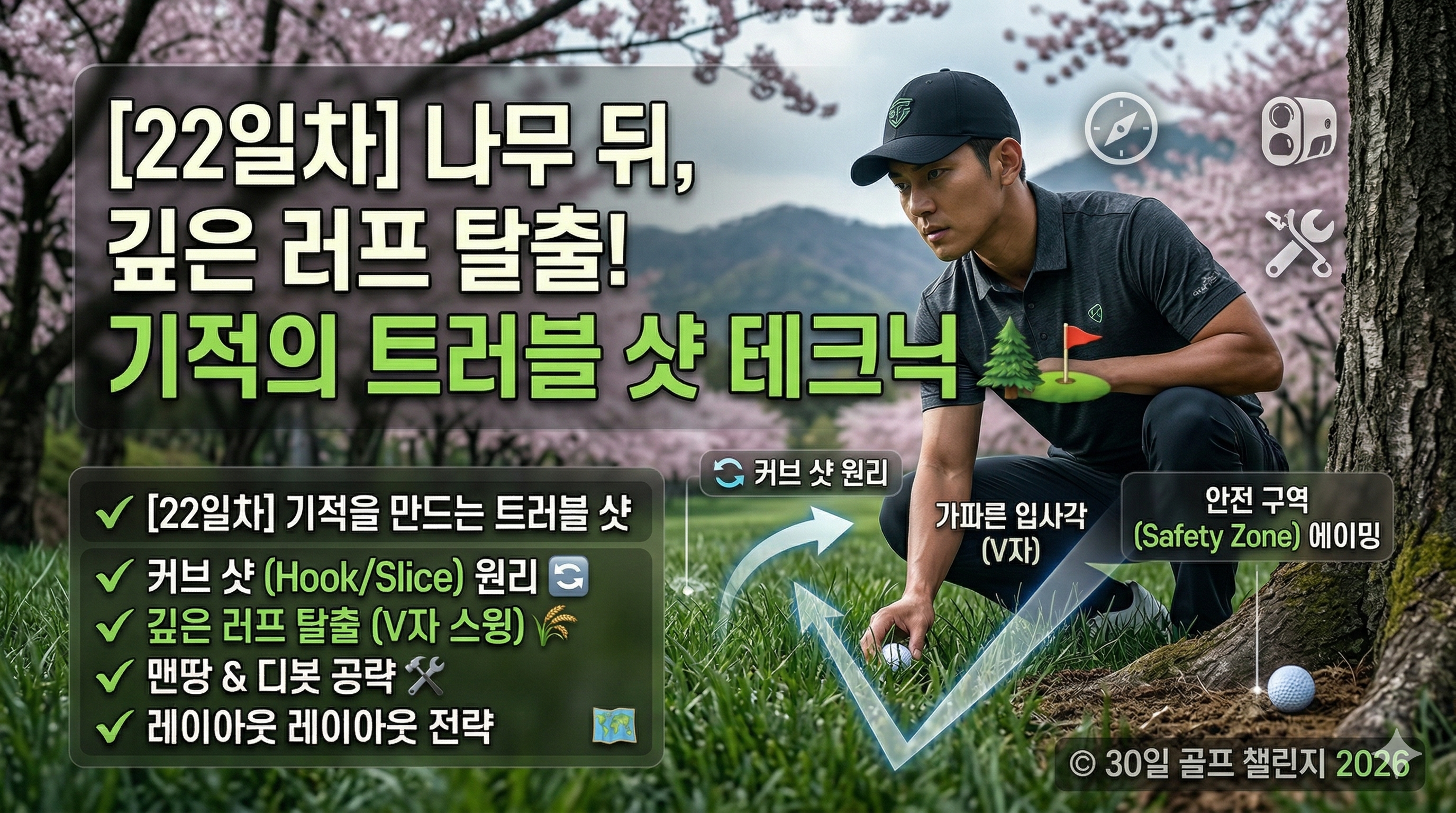 위기 탈출의 마법!나무 뒤, 깊은 러프를 정복하는 트러블 샷