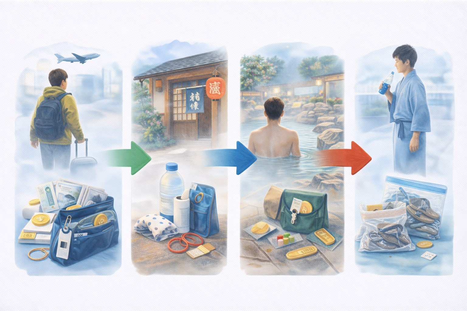 일본 온천 여행 준비물을 출국 전, 숙소 도착, 온천 이용 전후 흐름으로 정리한 요약 다이어그램